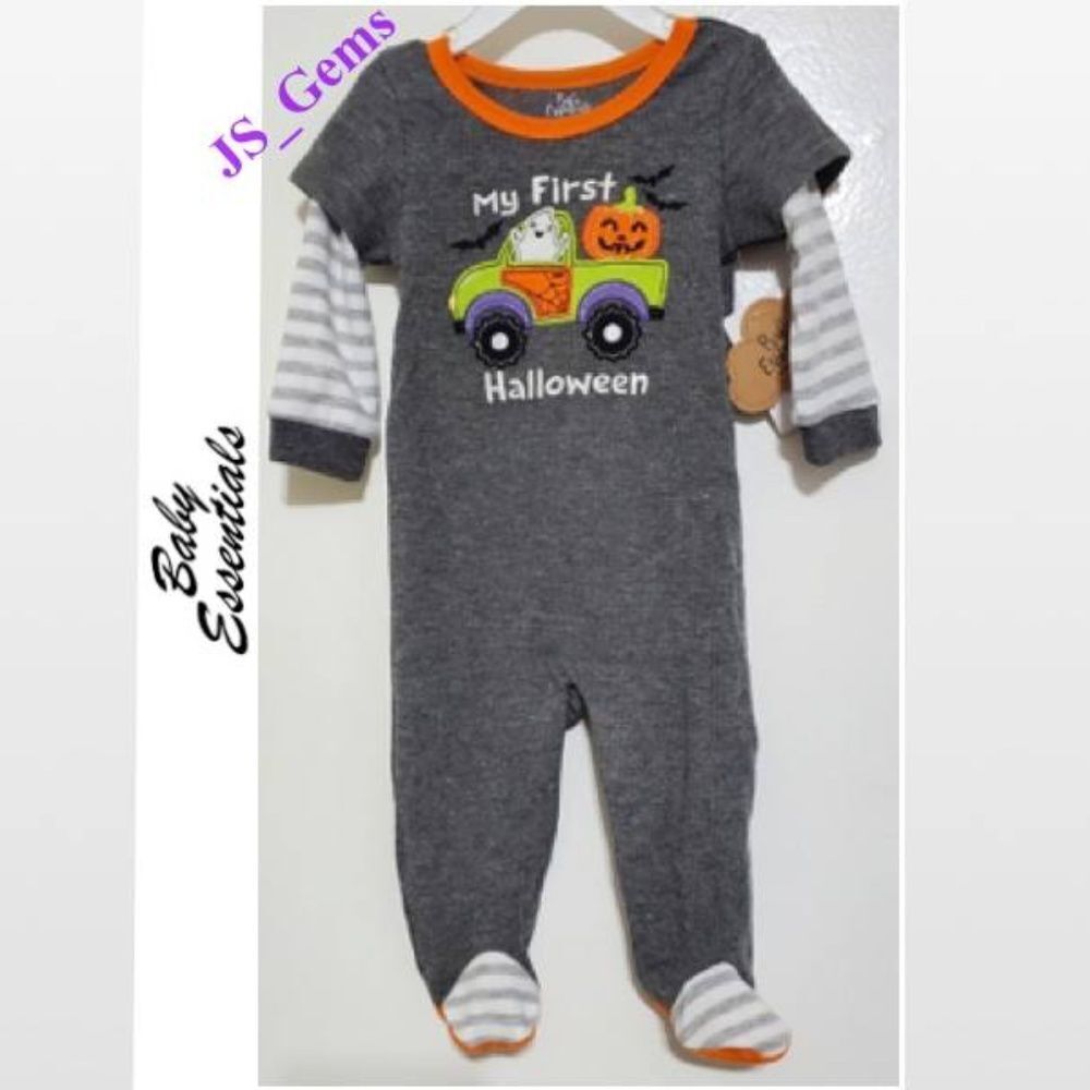 New Baby 1st Halloween Boy Sleeper Grey Thermal Romper